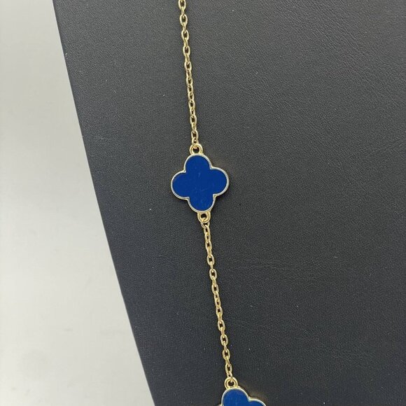 Fornash Blue Enamel Station Four Leaf Flower Chain Necklace Gold Tone 40 Inches - Picture 4 of 6